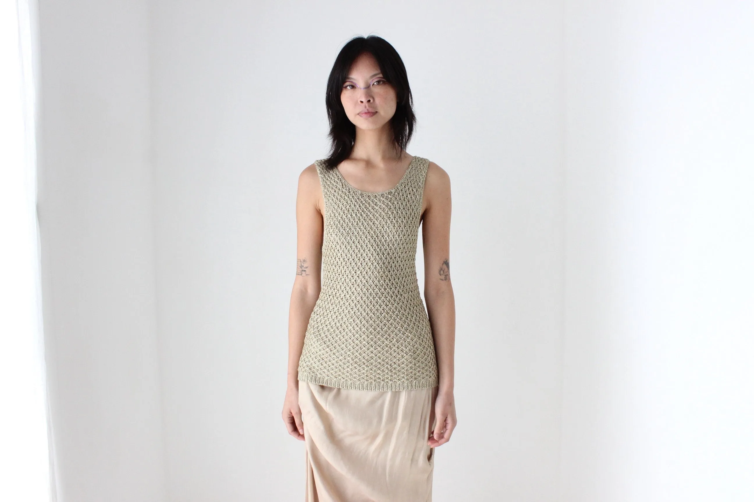 2000s Gold Knit Sleeveless Crochet Tank