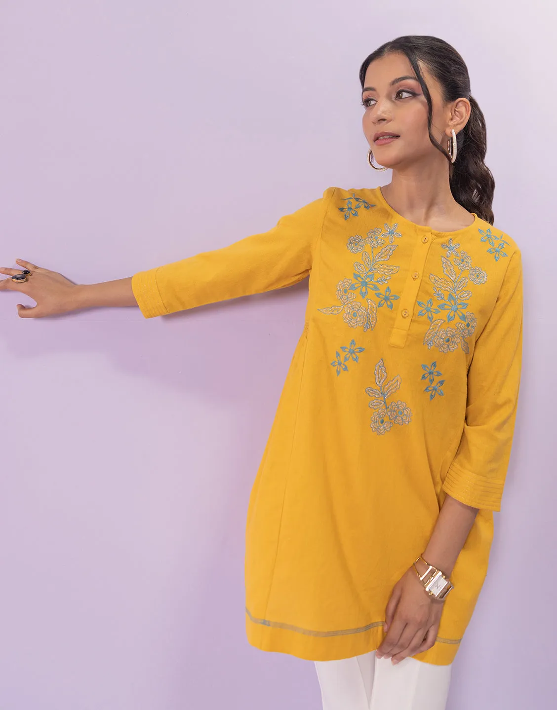 Arina Yellow Embroidred Tunic