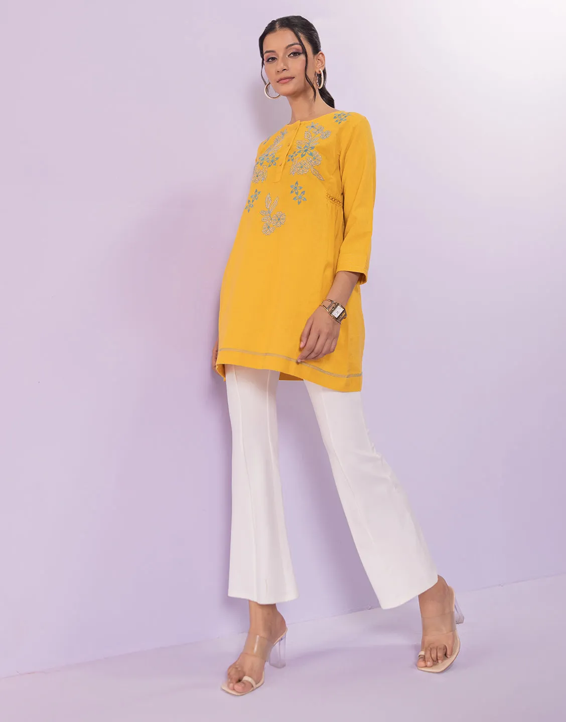 Arina Yellow Embroidred Tunic