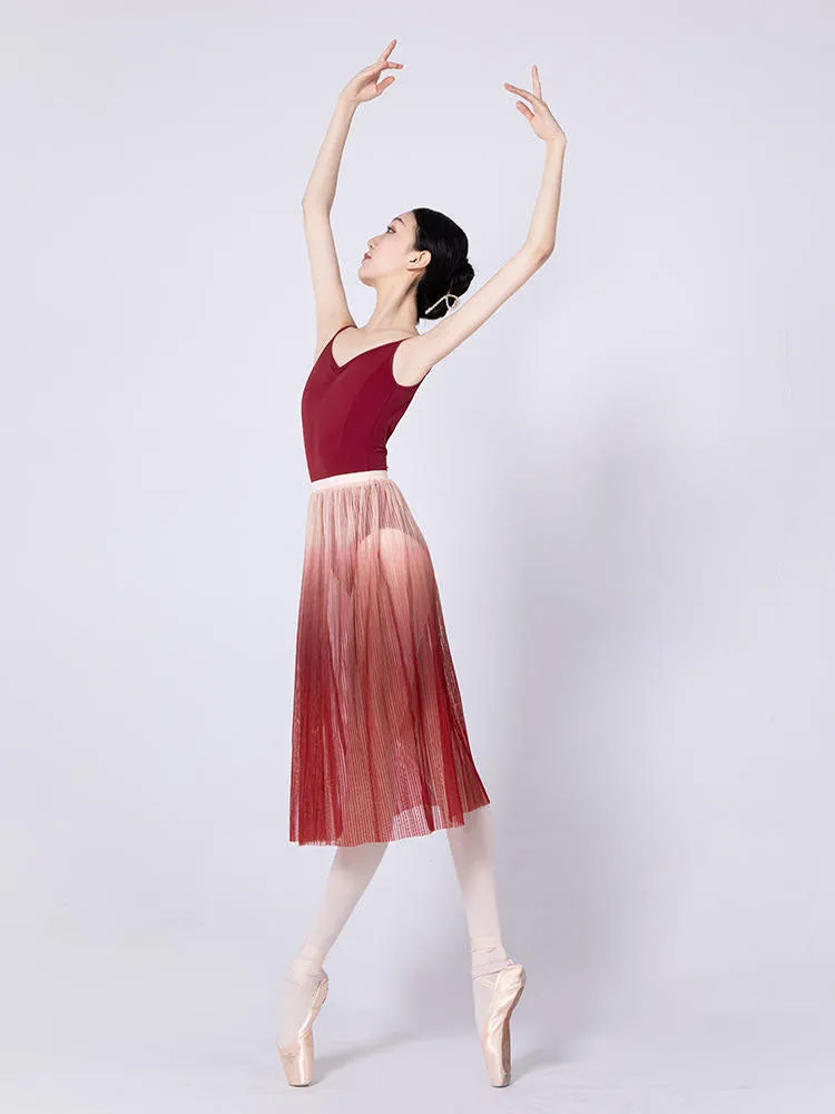 Ballet Dance Gradient Pleated Long Skirt One-piece Mesh Dance Costume