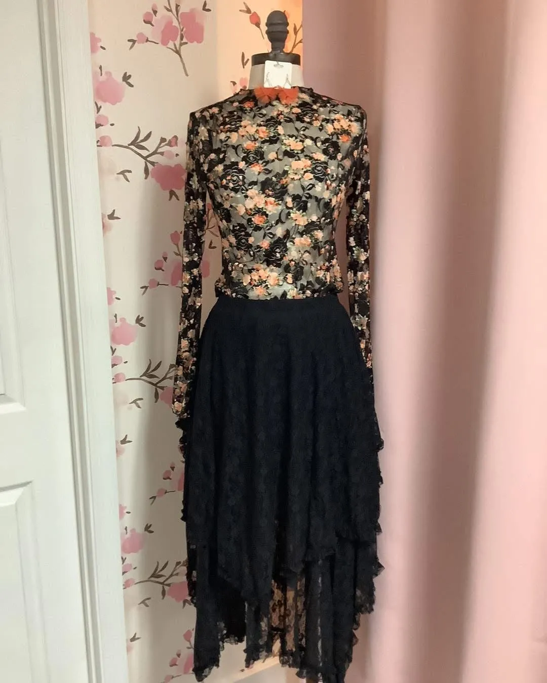 Black Lace Tier Midi Skirt