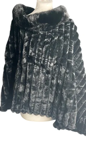 Black Soft Knit Poncho with Faux Fur Collar