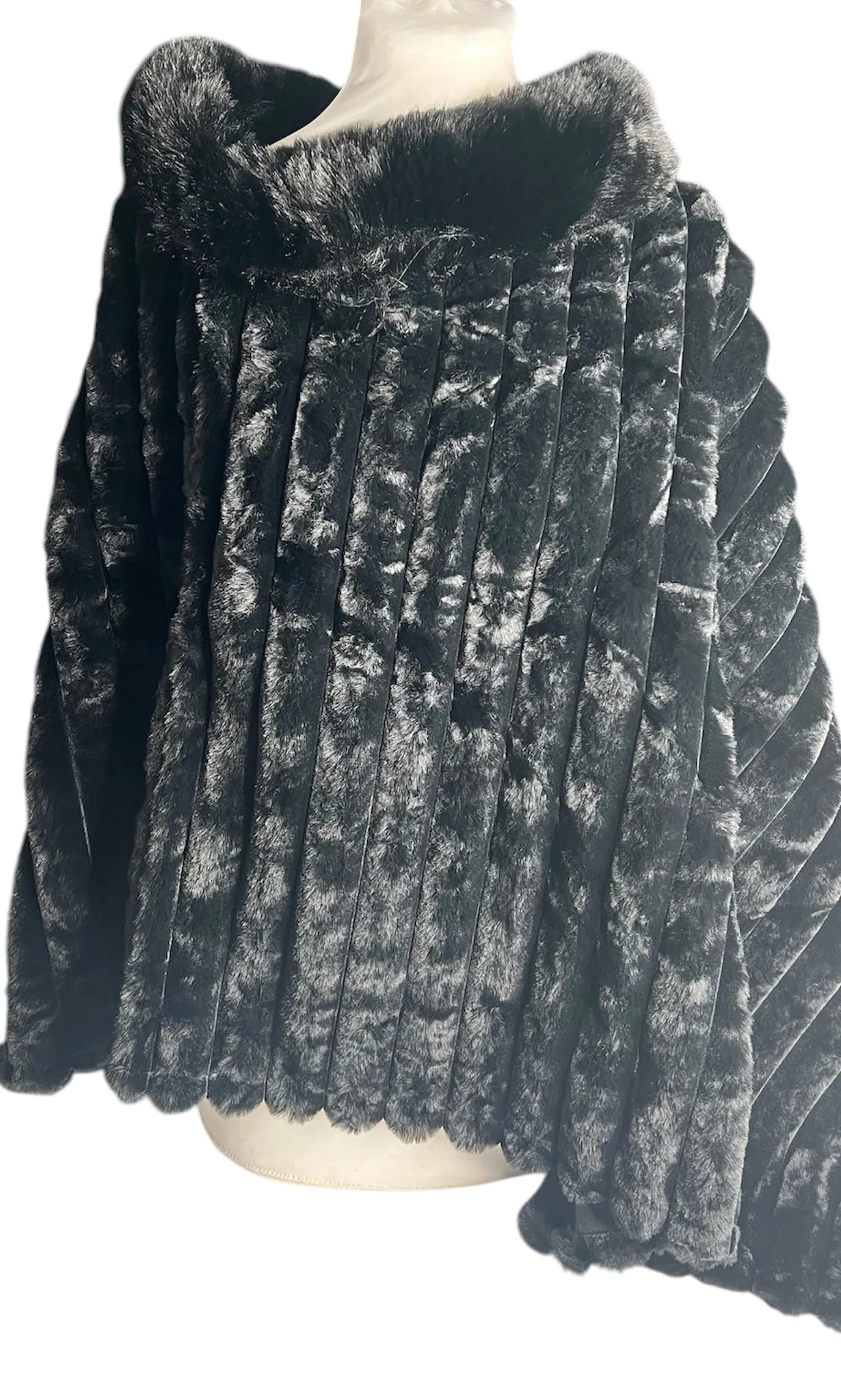 Black Soft Knit Poncho with Faux Fur Collar