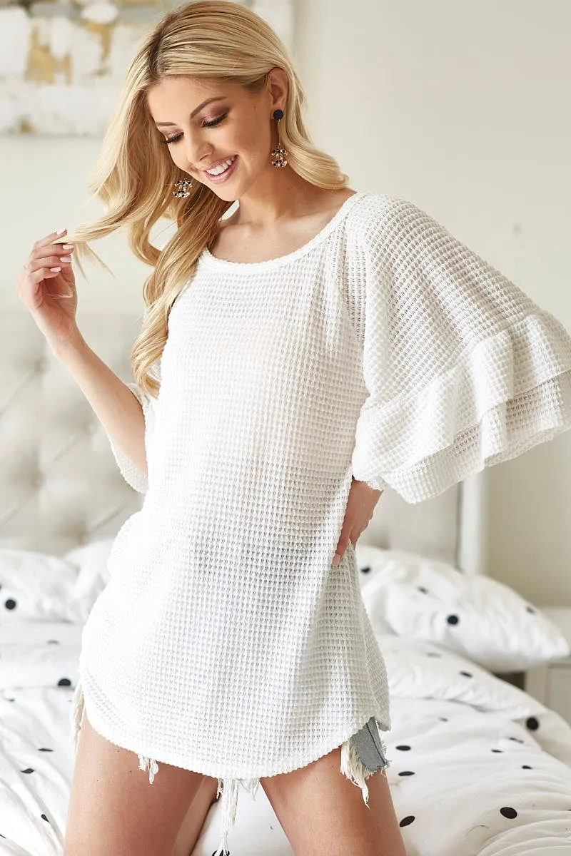 BT1534-05 | POPCORN WAFFLE KNIT WITH RUFFLED SLEEVE TOP