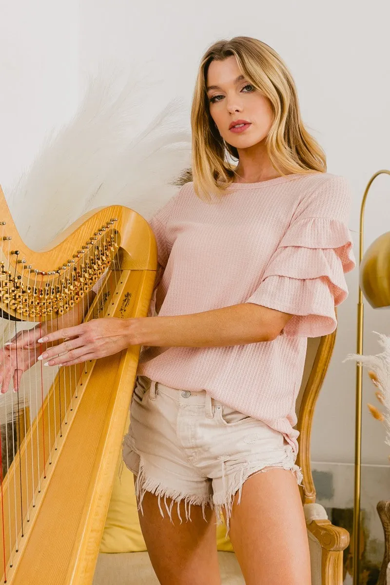 BT1775-09 | WAFFLE KNIT WITH THREE LAYER RUFFLED SLEEVE TOP