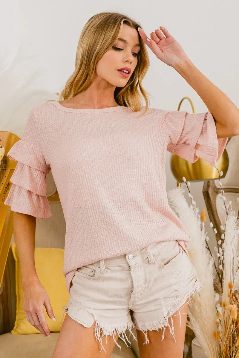 BT1775-09 | WAFFLE KNIT WITH THREE LAYER RUFFLED SLEEVE TOP