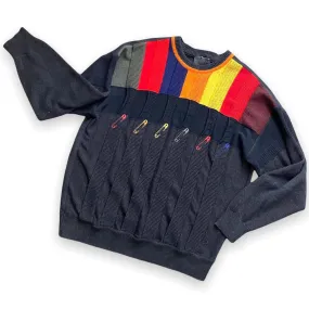 Carlo Colucci Men's Top Safety Pin Knit Sweater Pullover Size Large Cotton Long Sleeve Black