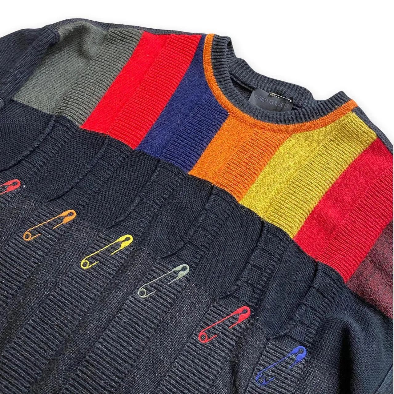 Carlo Colucci Men's Top Safety Pin Knit Sweater Pullover Size Large Cotton Long Sleeve Black