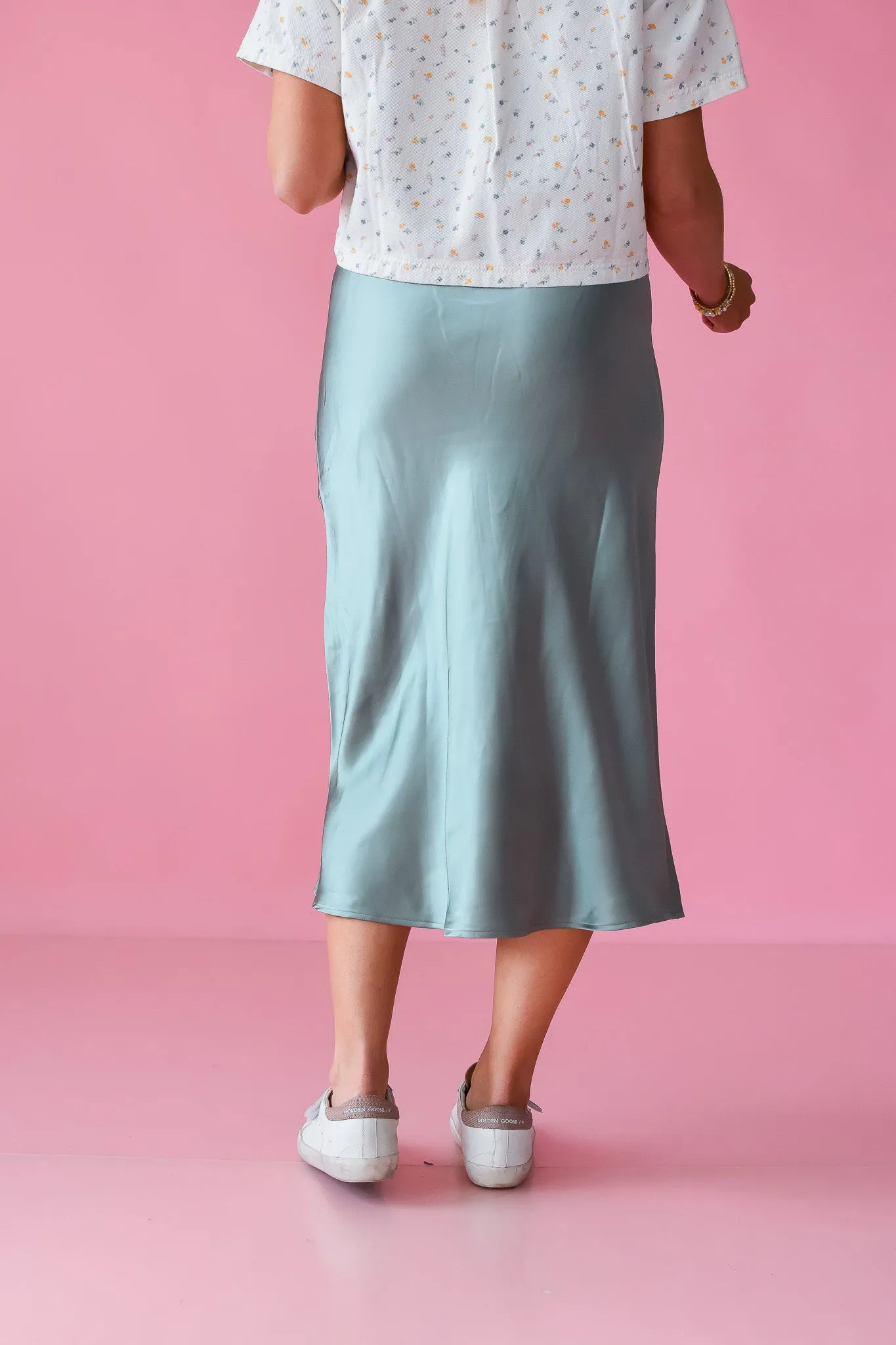 Catherine Satin Midi Skirt in Sage Green