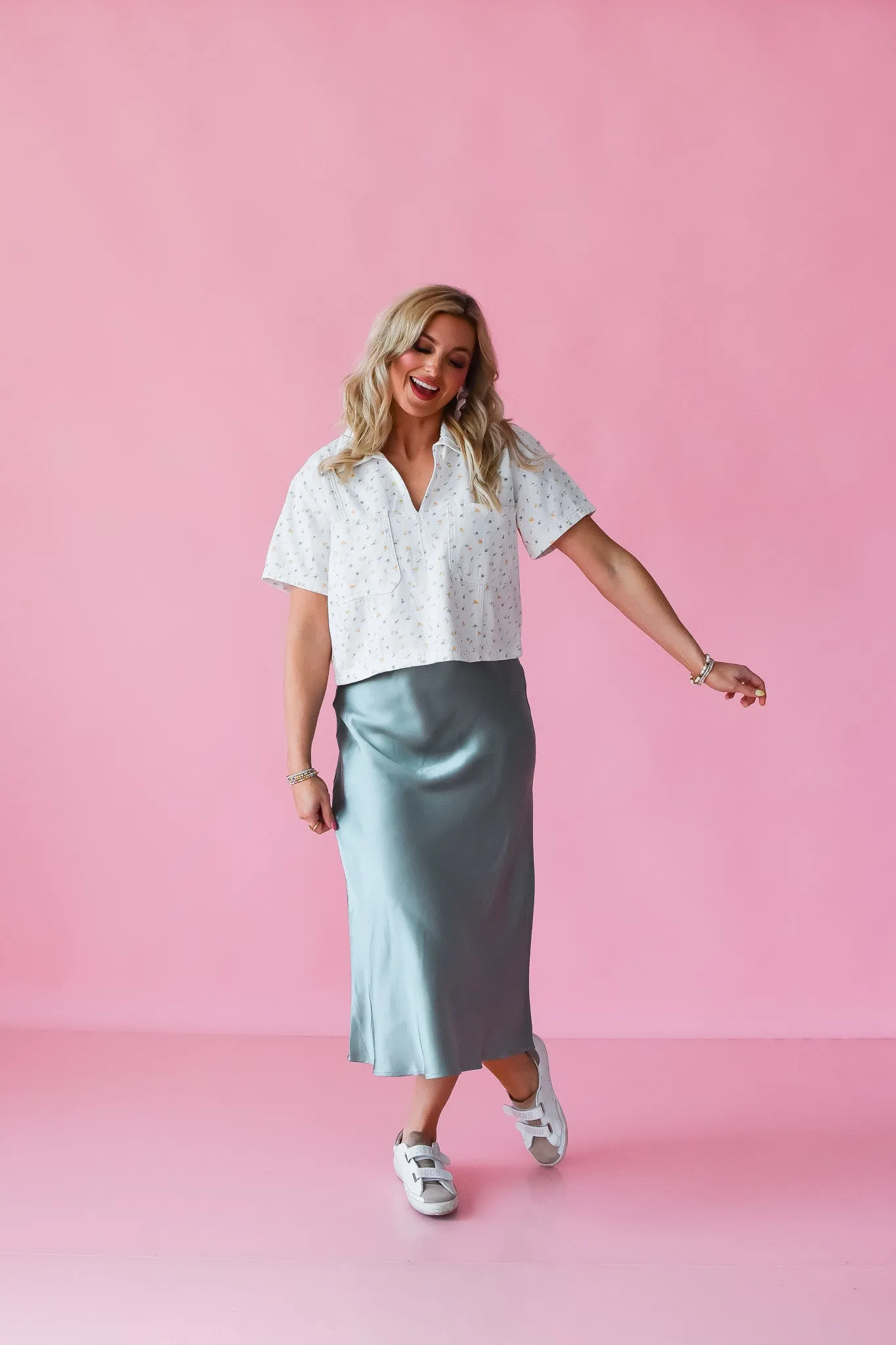 Catherine Satin Midi Skirt in Sage Green