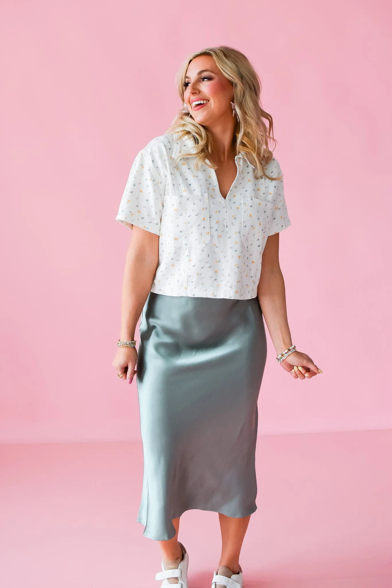 Catherine Satin Midi Skirt in Sage Green