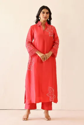Coral Pink Embroidered Tunic & Pant Set