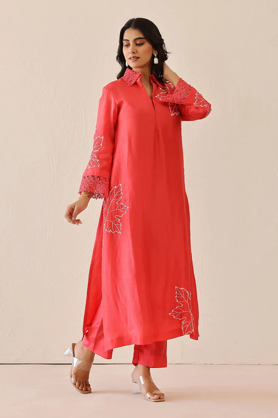Coral Pink Embroidered Tunic & Pant Set