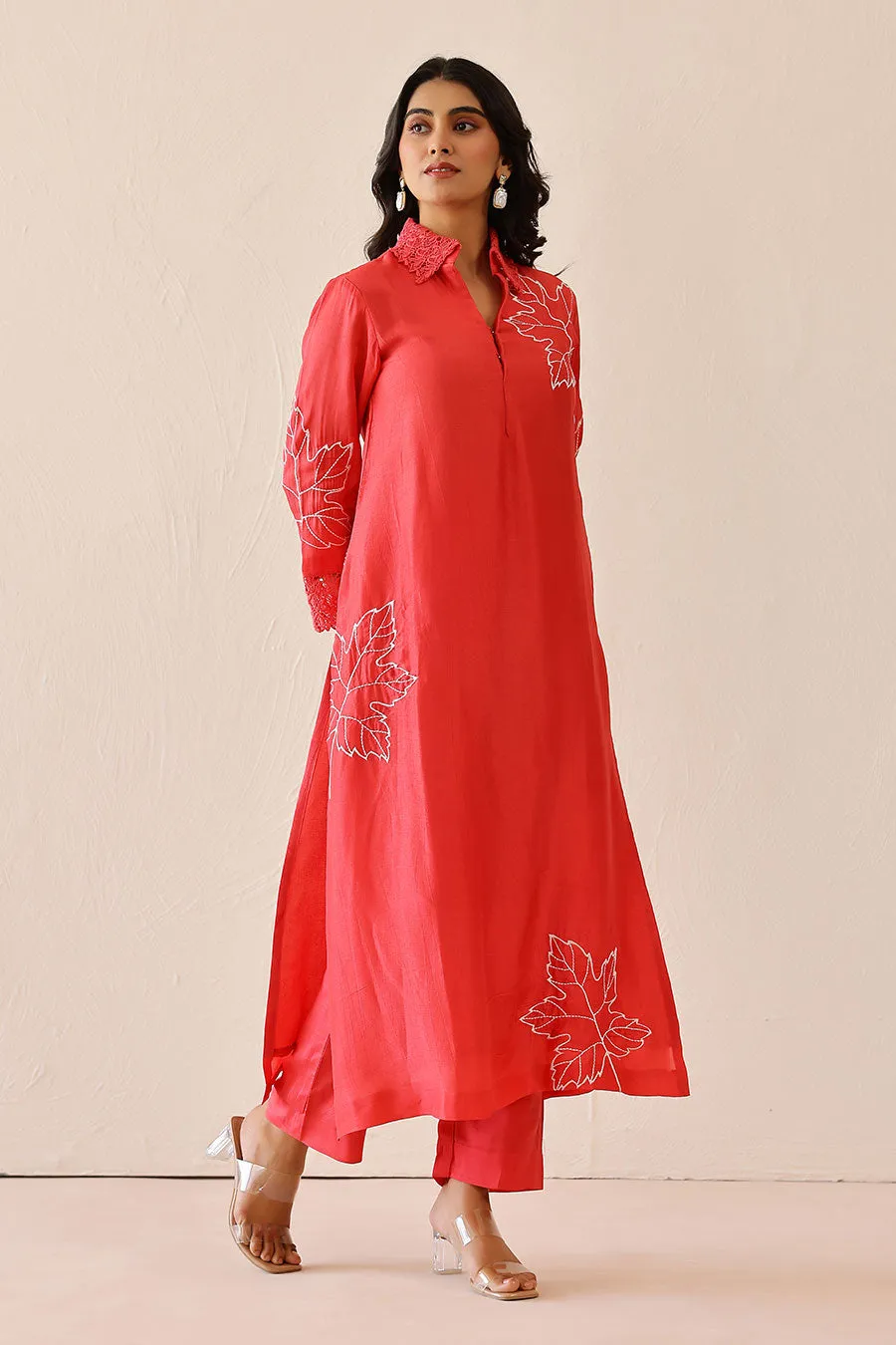 Coral Pink Embroidered Tunic & Pant Set