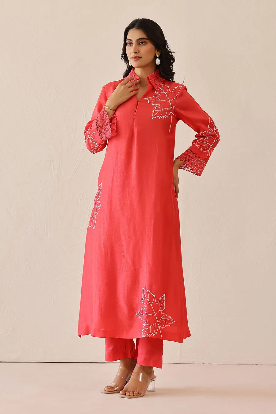 Coral Pink Embroidered Tunic & Pant Set