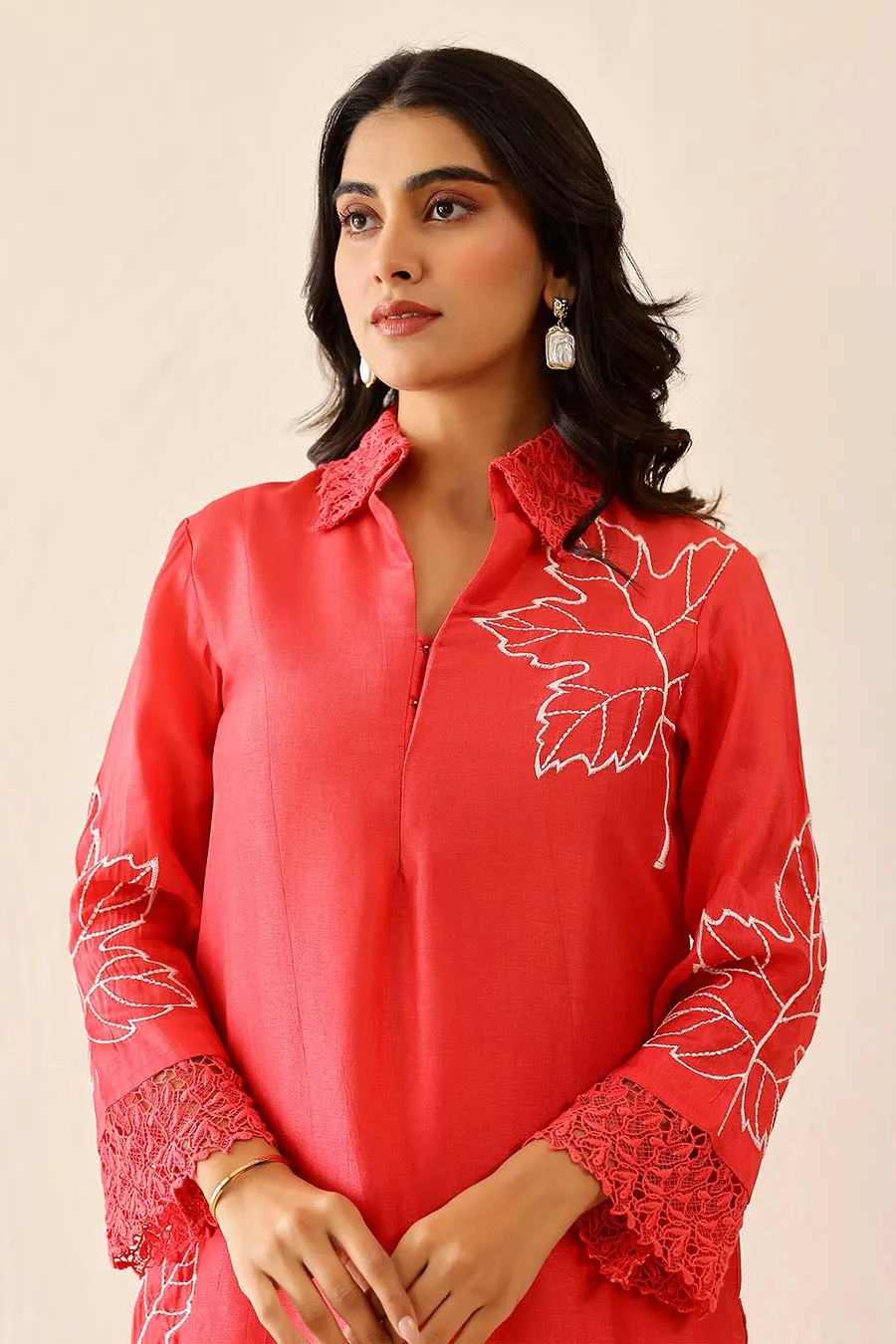 Coral Pink Embroidered Tunic & Pant Set