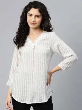 Cottinfab Women White Striped Cotton Top