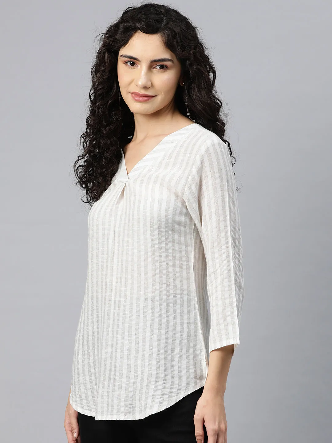 Cottinfab Women White Striped Cotton Top