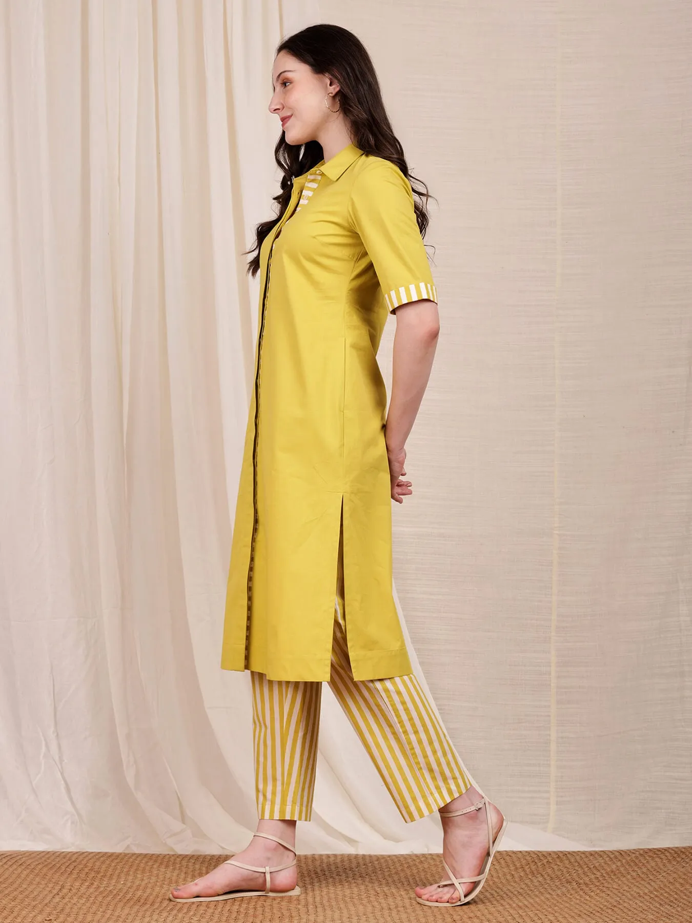 Cotton Contrast Shirt Kurta Set - Lime