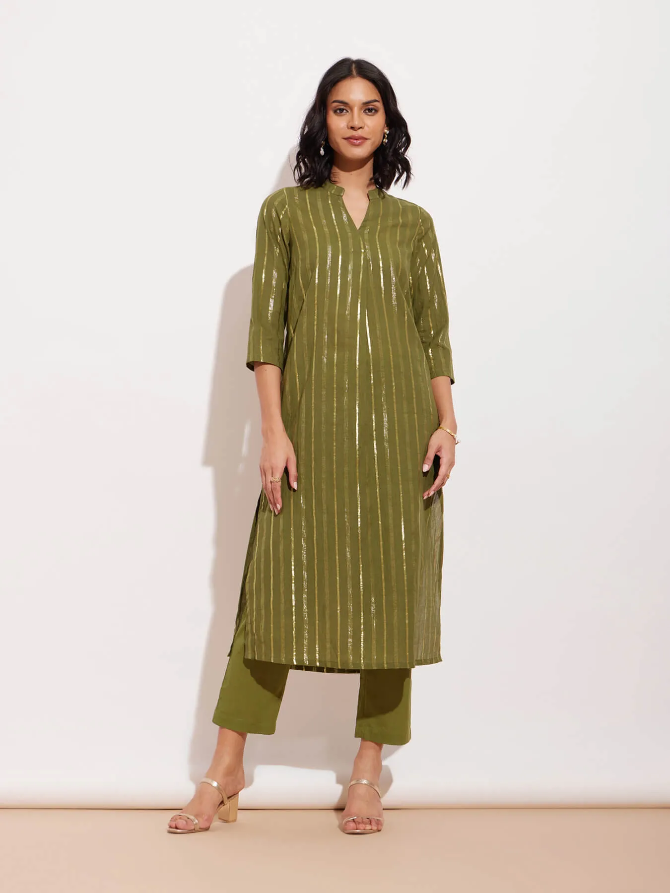 Cotton Lurex Gold Striped Kurta Set - Green