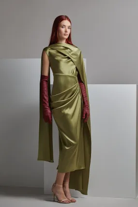 Draped Fitted Midi Dress with Side Cape