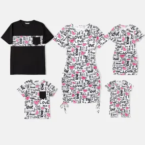 Family Matching Allover Heart & Letter Print Drawstring Ruched Bodycon Dresses and Short-sleeve T-shirts Sets