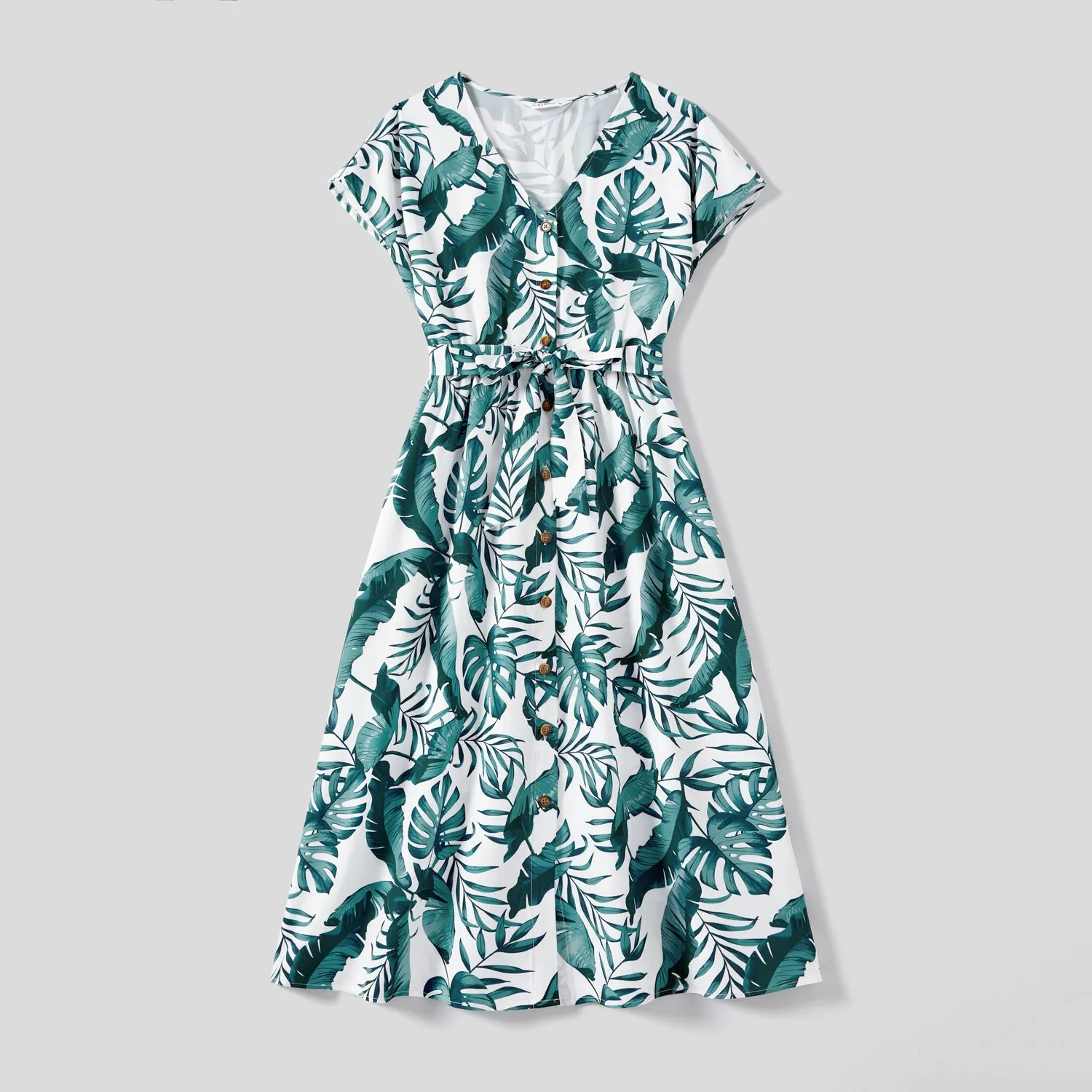 Family Matching Allover Plant Print Short-sleeve Belted Dresses and Patch Pocket Tank Tops Sets