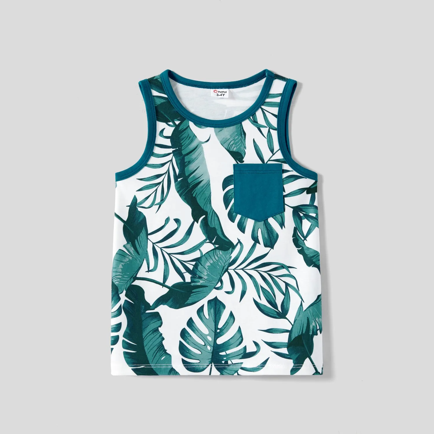 Family Matching Allover Plant Print Short-sleeve Belted Dresses and Patch Pocket Tank Tops Sets