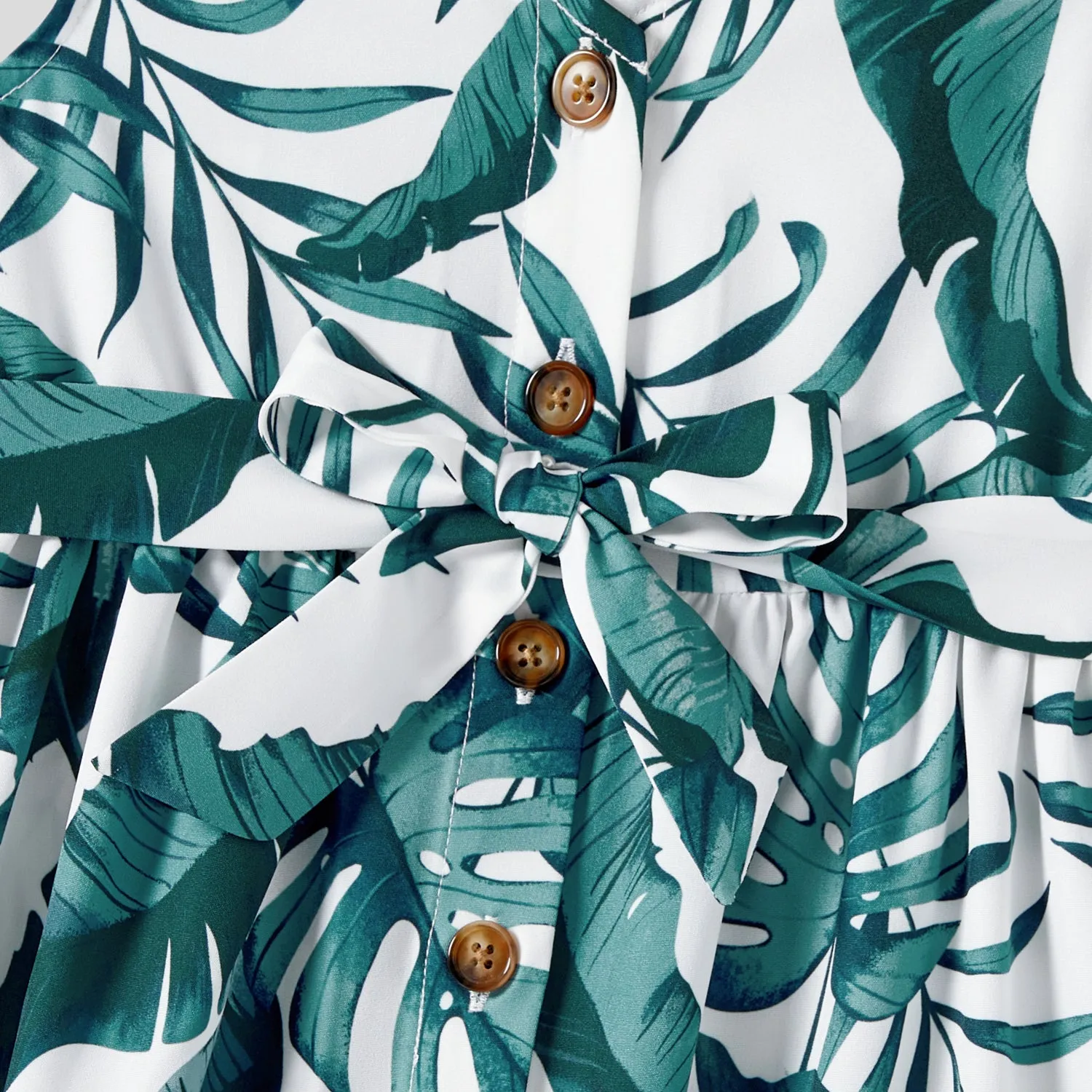 Family Matching Allover Plant Print Short-sleeve Belted Dresses and Patch Pocket Tank Tops Sets