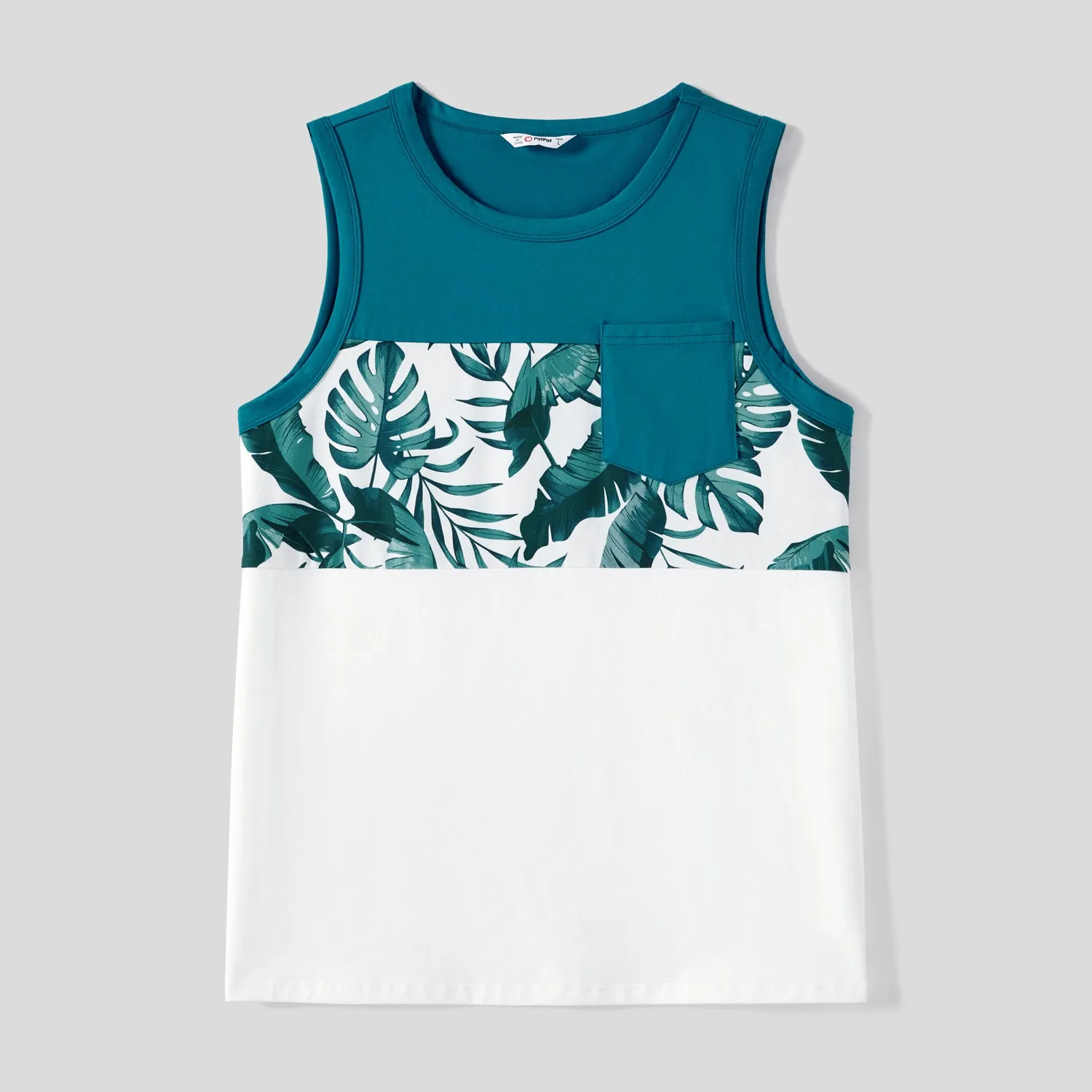 Family Matching Allover Plant Print Short-sleeve Belted Dresses and Patch Pocket Tank Tops Sets
