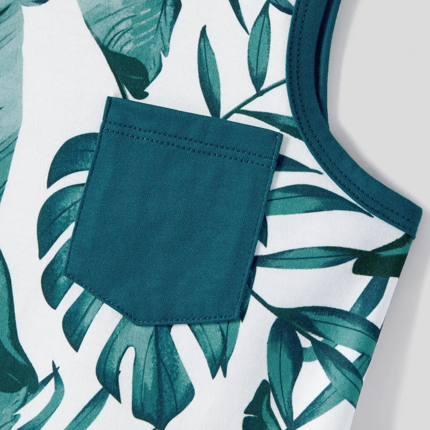 Family Matching Allover Plant Print Short-sleeve Belted Dresses and Patch Pocket Tank Tops Sets