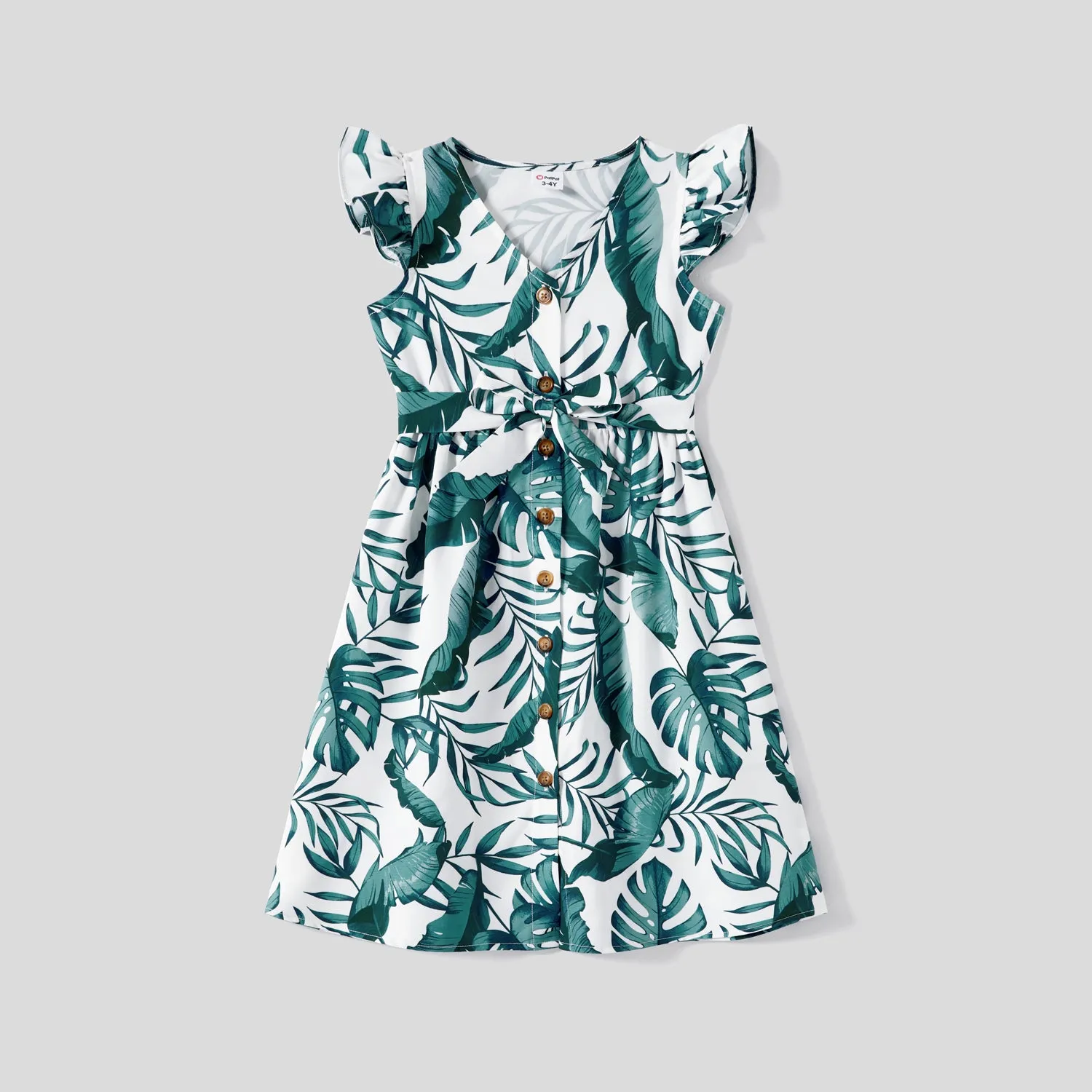 Family Matching Allover Plant Print Short-sleeve Belted Dresses and Patch Pocket Tank Tops Sets