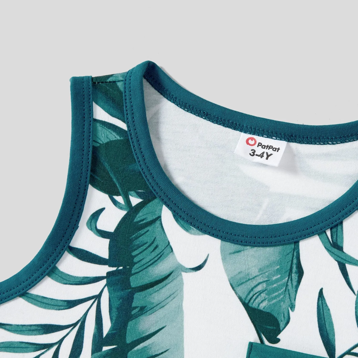 Family Matching Allover Plant Print Short-sleeve Belted Dresses and Patch Pocket Tank Tops Sets
