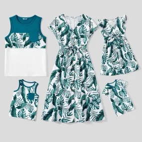 Family Matching Allover Plant Print Short-sleeve Belted Dresses and Patch Pocket Tank Tops Sets
