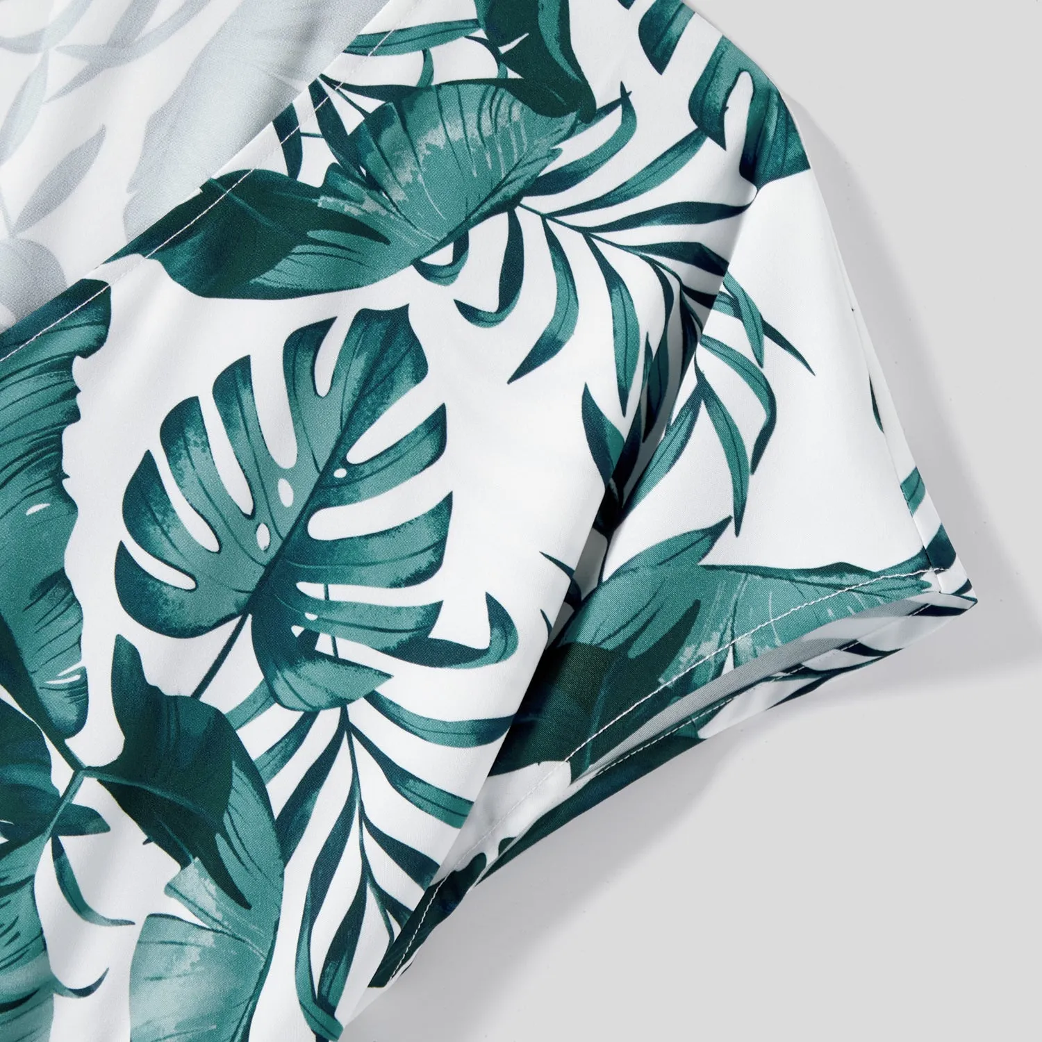 Family Matching Allover Plant Print Short-sleeve Belted Dresses and Patch Pocket Tank Tops Sets