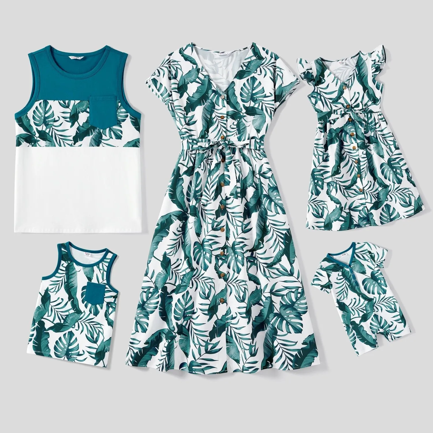 Family Matching Allover Plant Print Short-sleeve Belted Dresses and Patch Pocket Tank Tops Sets