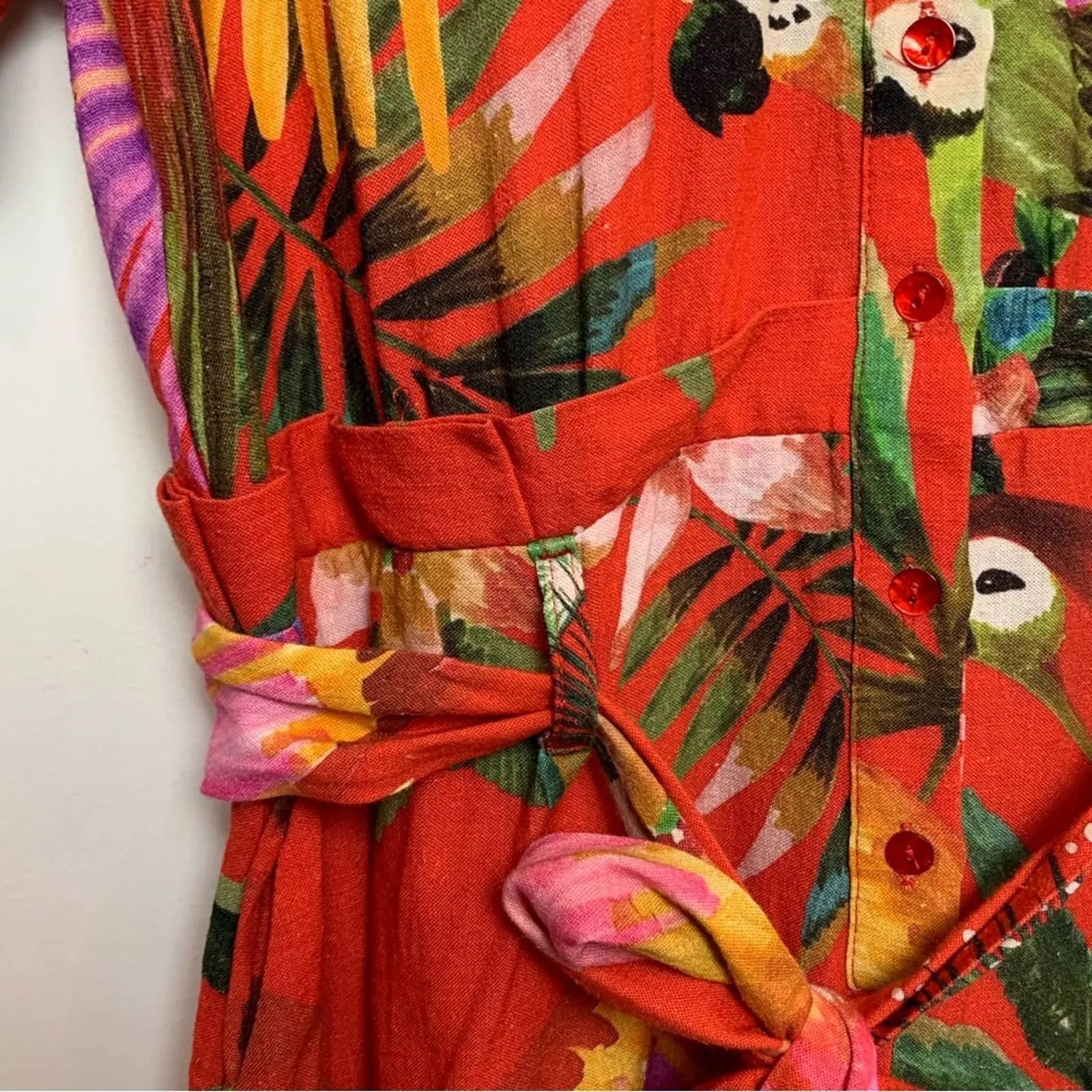 Farm Rio Red Macaw Romper Small Tropical Print
