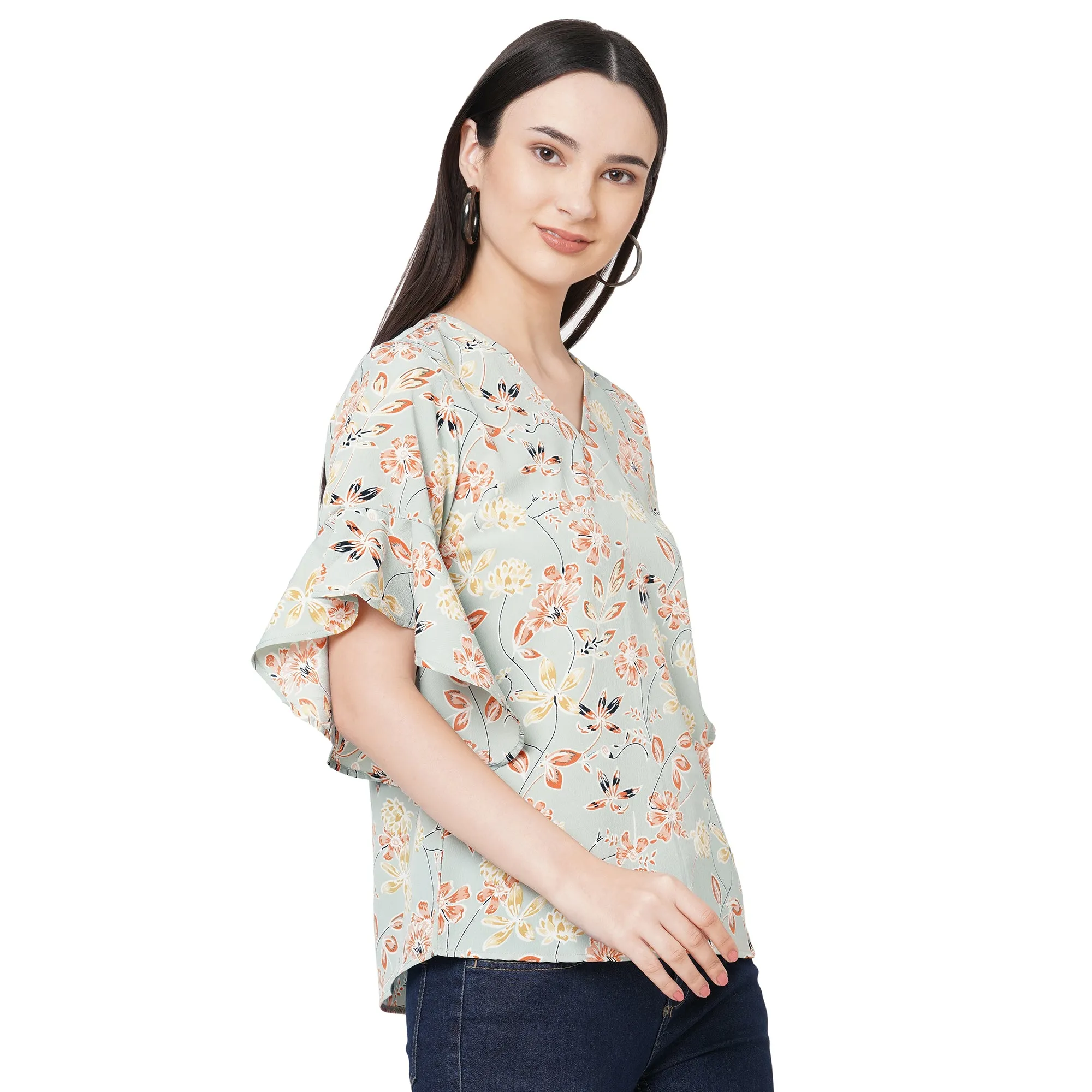 Floral Printed Top With Bell Sleeves For Women