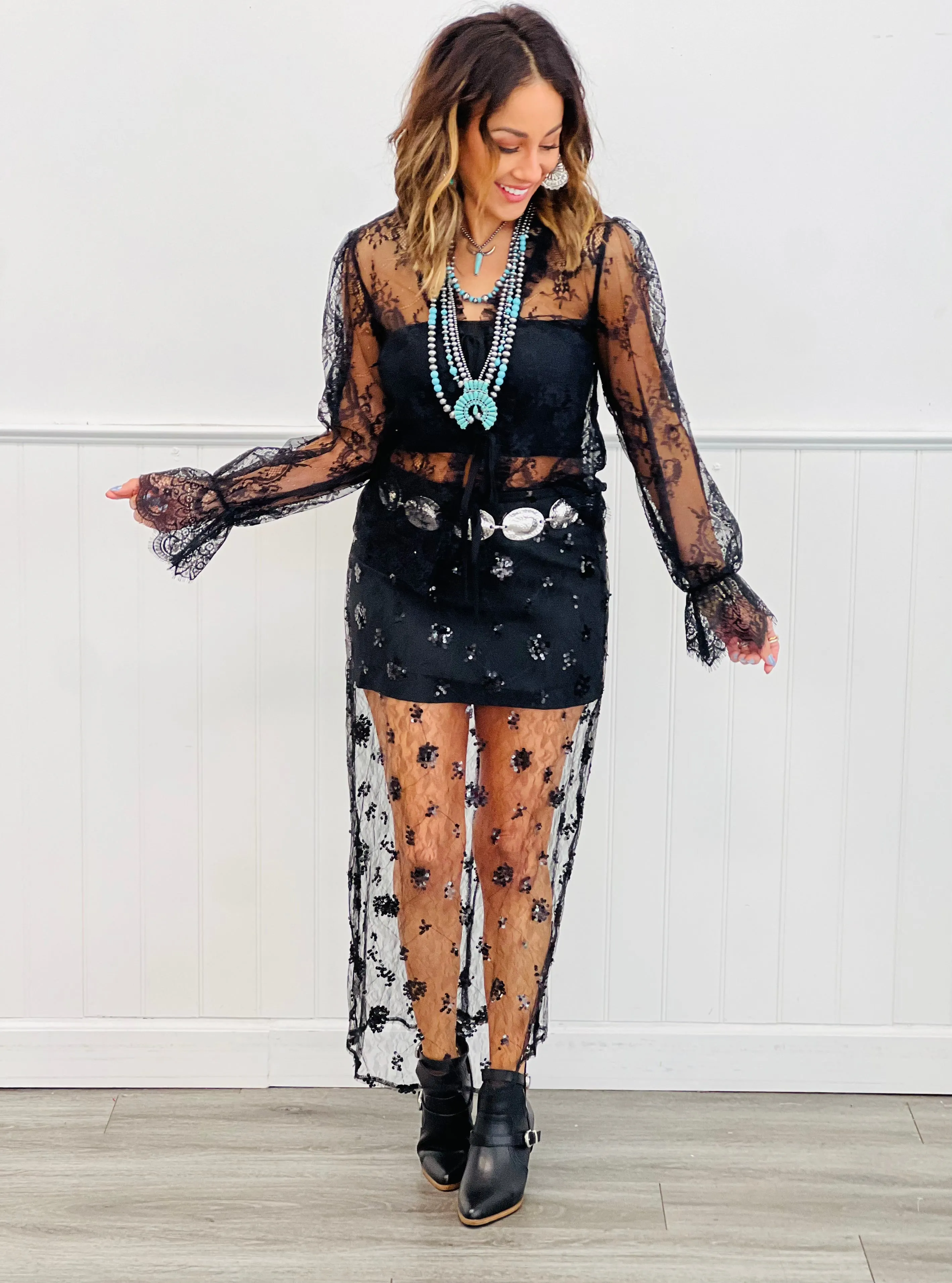 Floral Sequin Lace Overlay Midi Skirt (Reg.)