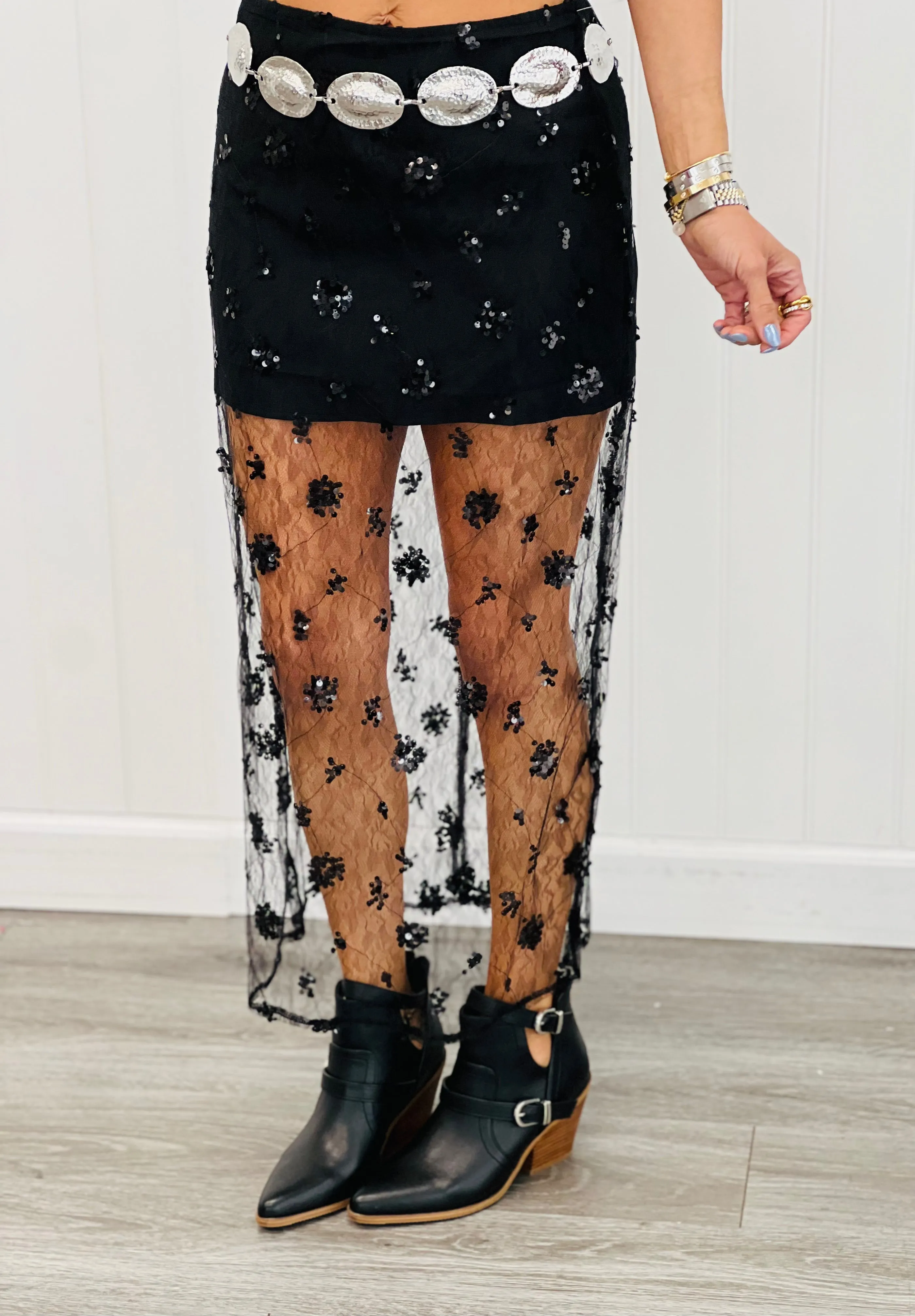 Floral Sequin Lace Overlay Midi Skirt (Reg.)
