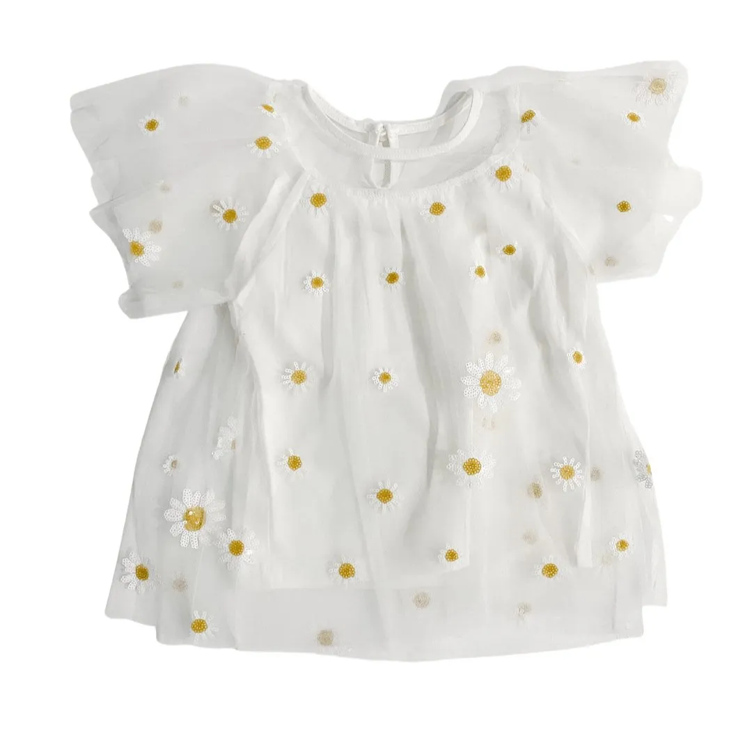 Girls White Sequin Floral Mesh Top