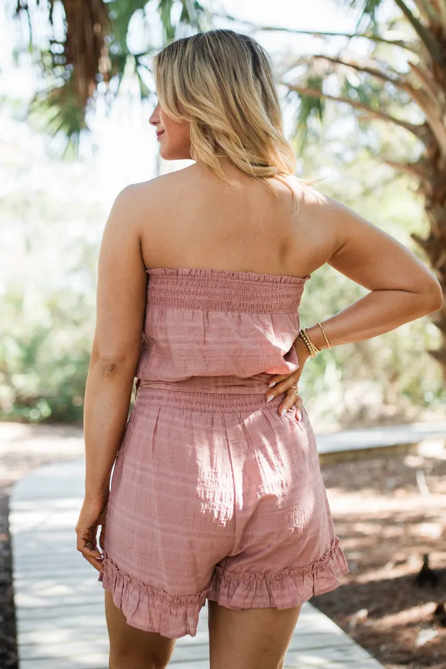 Just Visiting Mauve Strapless Flutter Hem Romper
