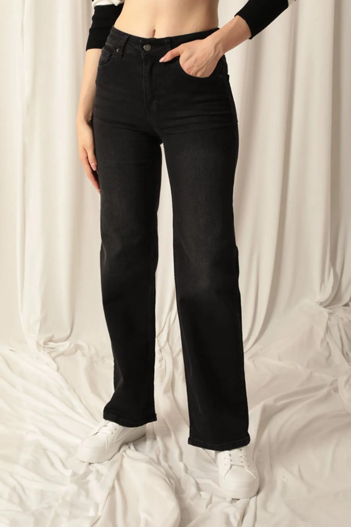 KKT Denim Fabric Wide Leg Women's Black Trousers - The Villages