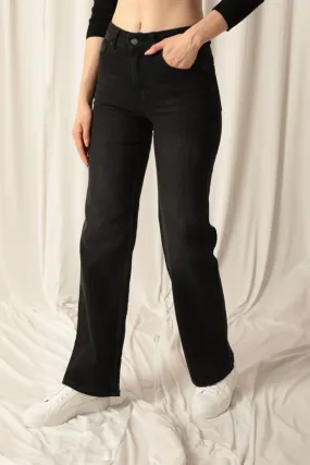 KKT Denim Fabric Wide Leg Women's Black Trousers - The Villages