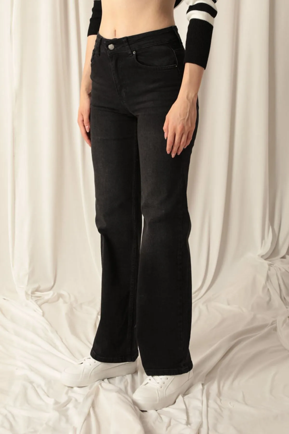 KKT Denim Fabric Wide Leg Women's Black Trousers - The Villages