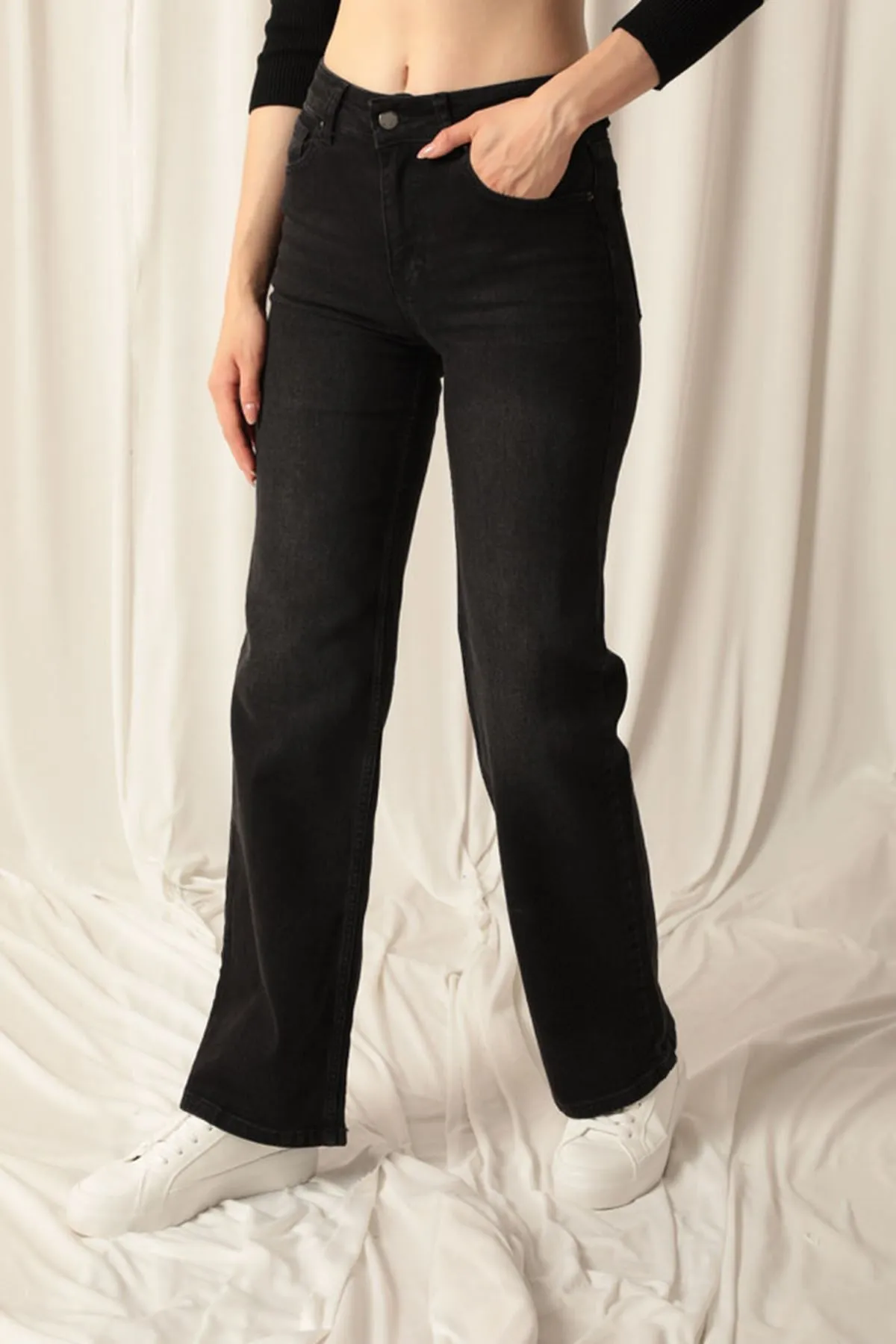 KKT Denim Fabric Wide Leg Women's Black Trousers - The Villages