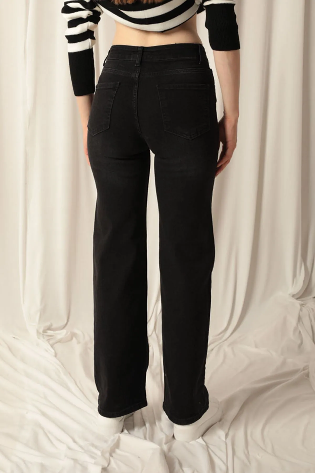KKT Denim Fabric Wide Leg Women's Black Trousers - The Villages