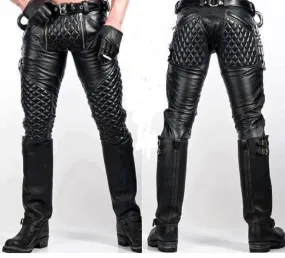 Men's Black Genuine Leather Quilted Biker trouser pants