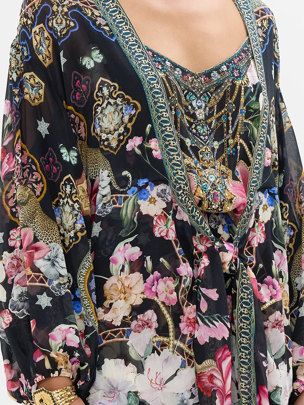 Midnight in Monserrate Tie Front Blouson Sleeve Layer