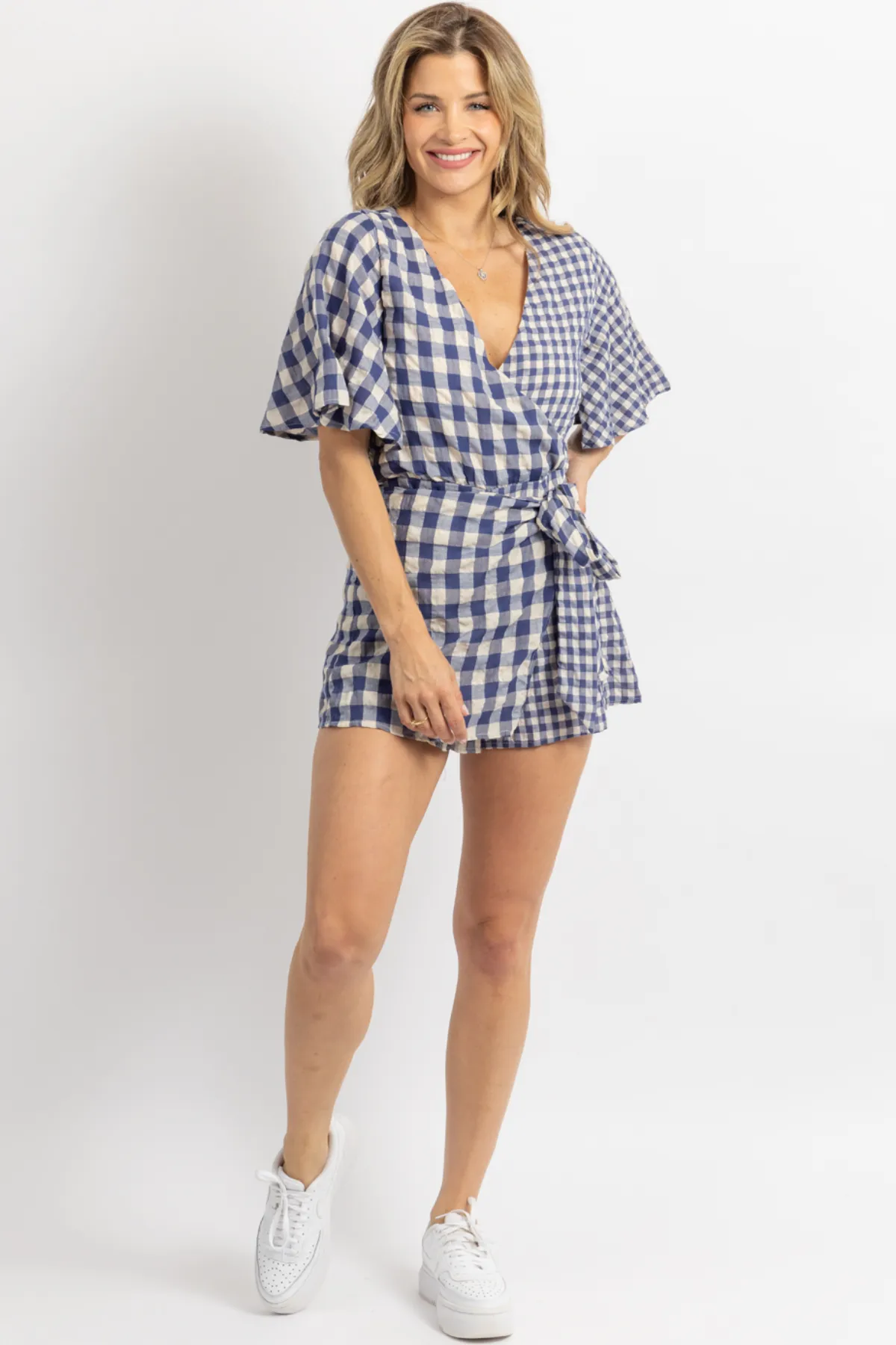 NAVY   NATURAL GINGHAM WRAP ROMPER
